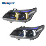 Fits 2003-2010 BMW 5 Series E60, upgraded fangs-style headlight assembly with LED dual-color daytime running lights and lens.