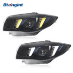 Fits 2004-2011 BMW 1 Series E87. Retrofit original headlights to fangs style assembly with dual-color LED daytime running lights and projector lenses