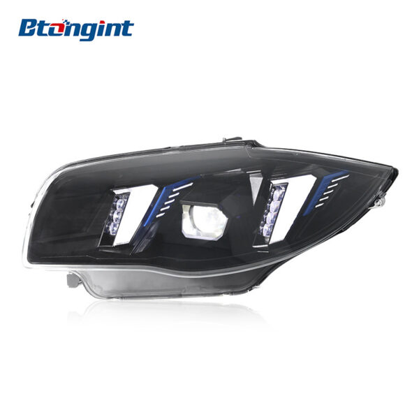 Fits 2004-2011 BMW 1 Series E87. Retrofit original headlights to fangs style assembly with dual-color LED daytime running lights and projector lenses