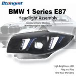 Fits 2004-2011 BMW 1 Series E87. Retrofit original headlights to fangs style assembly with dual-color LED daytime running lights and projector lenses