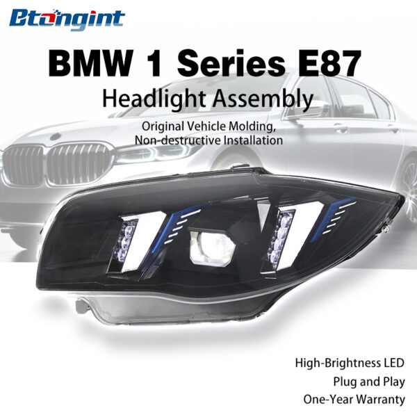 Fits 2004-2011 BMW 1 Series E87. Retrofit original headlights to fangs style assembly with dual-color LED daytime running lights and projector lenses
