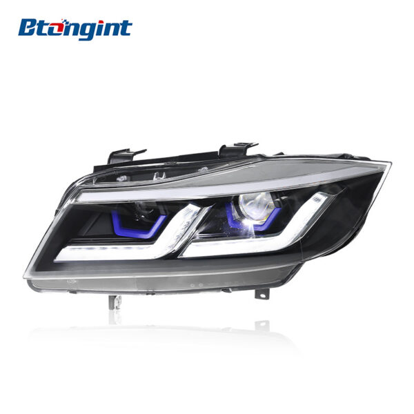 Fits 2005-2012 BMW 3 Series E90. This upgraded headlight assembly features LED daytime running lights, sequential turn signals and projector lenses.