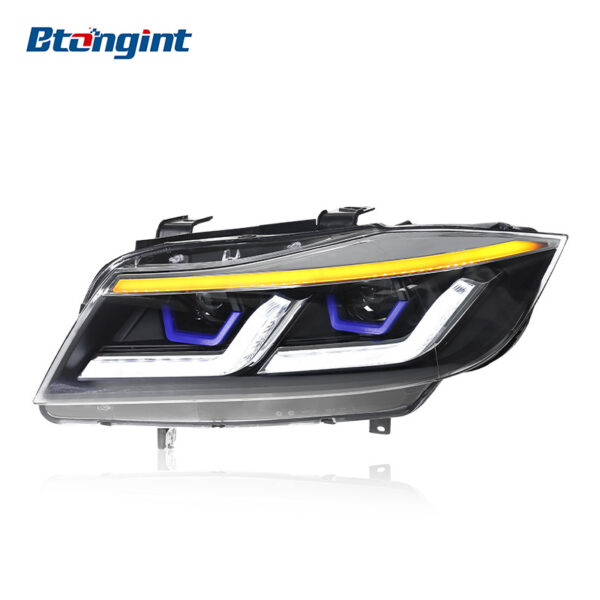 Fits 2005-2012 BMW 3 Series E90. This upgraded headlight assembly features LED daytime running lights, sequential turn signals and projector lenses.