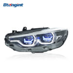 Fits 2013-2020 BMW 4 Series F32, M4 Style Headlight Assembly with Blue Trim, LED Projector Lens, DRL & Turn Signal