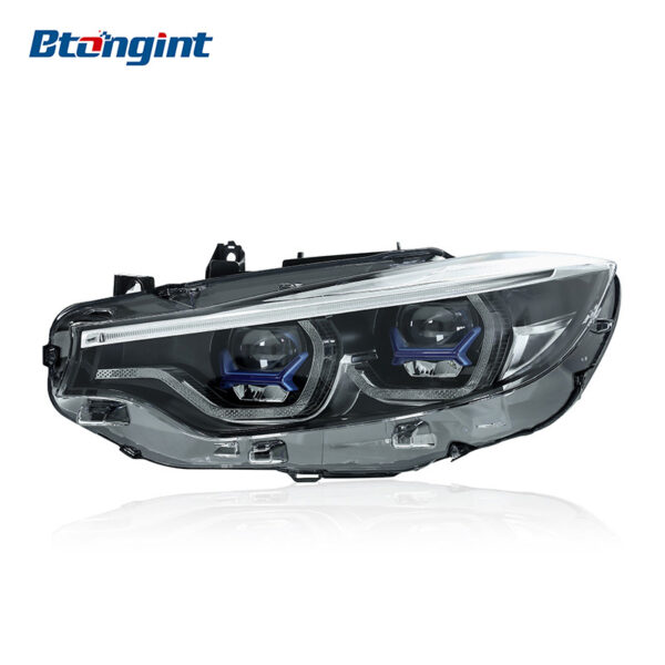 Fits 2013-2020 BMW 4 Series F32, M4 Style Headlight Assembly with Blue Trim, LED Projector Lens, DRL & Turn Signal