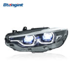Fits 2013-2020 BMW 4 Series F32, M4 Style Headlight Assembly with Blue Trim, LED Projector Lens, DRL & Turn Signal