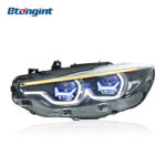 Fits 2013-2020 BMW 4 Series F32, M4 Style Headlight Assembly with Blue Trim, LED Projector Lens, DRL & Turn Signal