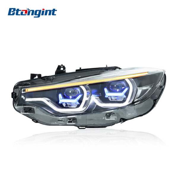 Fits 2013-2020 BMW 4 Series F32, M4 Style Headlight Assembly with Blue Trim, LED Projector Lens, DRL & Turn Signal