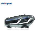 Suitable for 2014-2018 BMW X5 F15. Modified LED headlight assembly with blue eyebrow daytime running lights and LED turn signals, also compatible with BMW X6.
