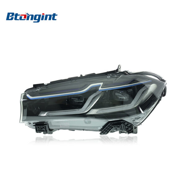 Suitable for 2014-2018 BMW X5 F15. Modified LED headlight assembly with blue eyebrow daytime running lights and LED turn signals, also compatible with BMW X6.