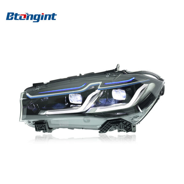 Suitable for 2014-2018 BMW X5 F15. Modified LED headlight assembly with blue eyebrow daytime running lights and LED turn signals, also compatible with BMW X6.