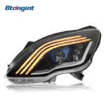 Modified Headlight Assembly for 2010-2017 Mercedes-Benz R-Class W251, Equipped with LED Lenses, LED Daytime Running Lights & Triple-Strip Sequential Turn Signals