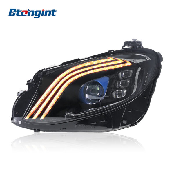 Compatible with 2016-2020 Mercedes-Benz E-Class W213, Maybach-style modified headlight assembly with LED daytime running lights and sequential turn signals