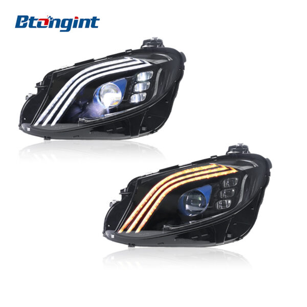 Compatible with 2016-2020 Mercedes-Benz E-Class W213, Maybach-style modified headlight assembly with LED daytime running lights and sequential turn signals