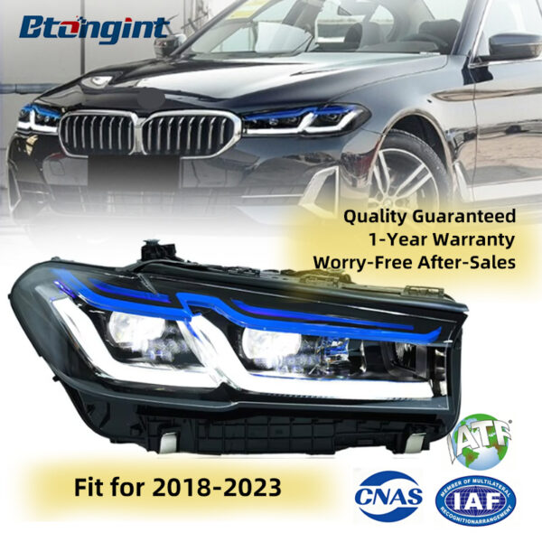 Fits 2018-2023 BMW 5 Series G30, retrofit original headlights to M5 Competition style blue eyebrow premium LED laser headlights.