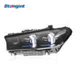 Retrofit headlight assembly for 2018-2023 BMW 5 Series G30, featuring fang-style LED daytime running lights, turn signals and projector lens.