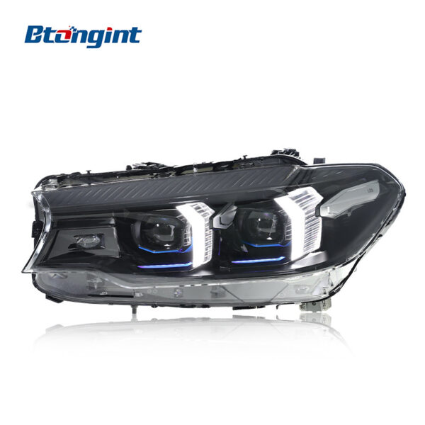 Retrofit headlight assembly for 2018-2023 BMW 5 Series G30, featuring fang-style LED daytime running lights, turn signals and projector lens.
