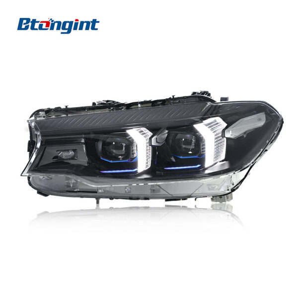 Retrofit headlight assembly for 2018-2023 BMW 5 Series G30, featuring fang-style LED daytime running lights, turn signals and projector lens.