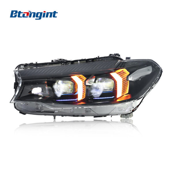 Retrofit headlight assembly for 2018-2023 BMW 5 Series G30, featuring fang-style LED daytime running lights, turn signals and projector lens.