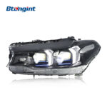 Retrofit headlight assembly for 2018-2023 BMW 5 Series G30, featuring fang-style LED daytime running lights, turn signals and projector lens.