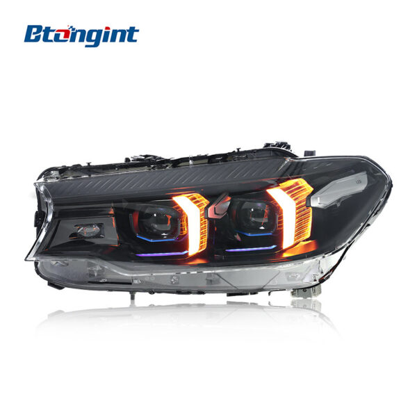 Retrofit headlight assembly for 2018-2023 BMW 5 Series G30, featuring fang-style LED daytime running lights, turn signals and projector lens.