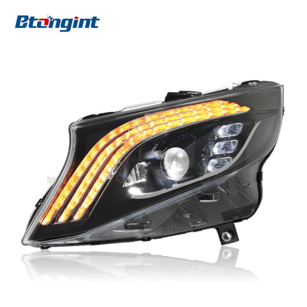 Suitable for Mercedes-Benz Vito W447 2016-2023, modified headlight assembly with LED projector lenses and triple-stripe sequential DRL.