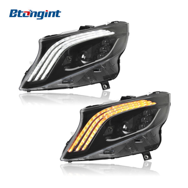Suitable for Mercedes-Benz Vito W447 2016-2023, modified headlight assembly with LED projector lenses and triple-stripe sequential DRL.