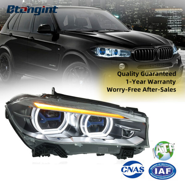 Fits 2014-2018 BMW X5 F15, Headlight Assembly with Blue Frame, LED Lens, DRL & Turn Signal