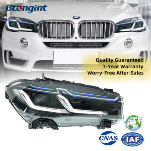 Suitable for 2014-2018 BMW X5 F15. Modified LED headlight assembly with blue eyebrow daytime running lights and LED turn signals, also compatible with BMW X6.