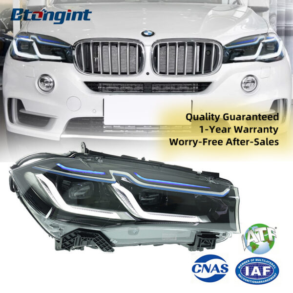 Suitable for 2014-2018 BMW X5 F15. Modified LED headlight assembly with blue eyebrow daytime running lights and LED turn signals, also compatible with BMW X6.