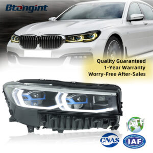 Fits 2016-2018 BMW 7 Series G12, New Style Headlight Assembly with Blue Trim, LED Projector Lenses, DRL and Turn Signals