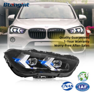 Retrofit Headlight Assembly for 2016-2022 BMW X1 F49, Equipped with Arrow-shaped LED Daytime Running Lights, LED Turn Signals and Projector Lens