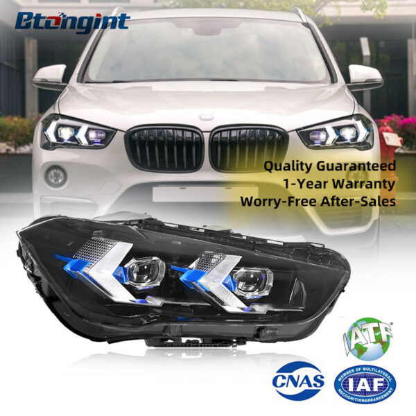 Retrofit Headlight Assembly for 2016-2022 BMW X1 F49, Equipped with Arrow-shaped LED Daytime Running Lights, LED Turn Signals and Projector Lens