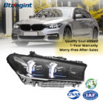 Retrofit headlight assembly for 2018-2023 BMW 5 Series G30, featuring fang-style LED daytime running lights, turn signals and projector lens.