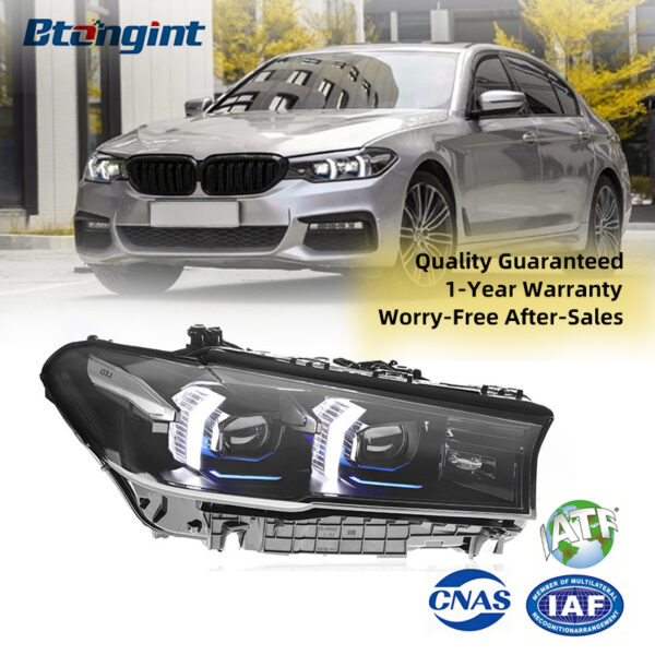 Retrofit headlight assembly for 2018-2023 BMW 5 Series G30, featuring fang-style LED daytime running lights, turn signals and projector lens.