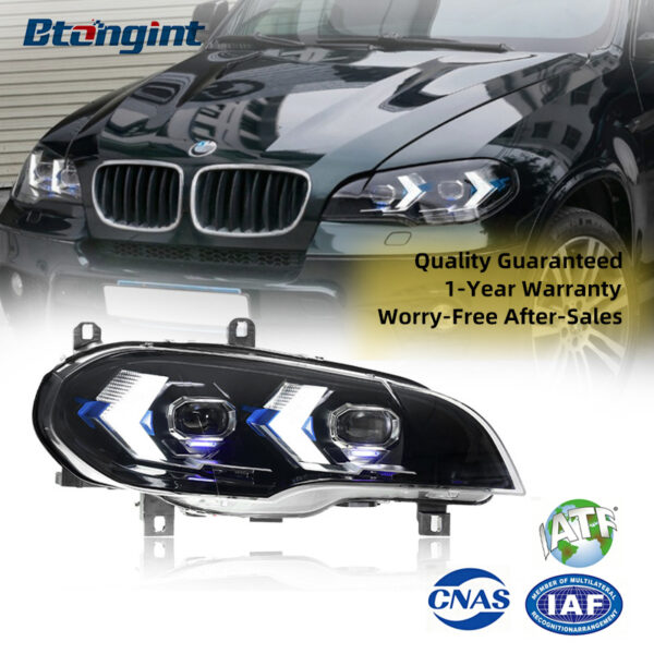 Fits 2007-2013 BMW X5 E70, New Style Headlight Assembly with Dual LED Lenses, LED DRL & Turn Signal