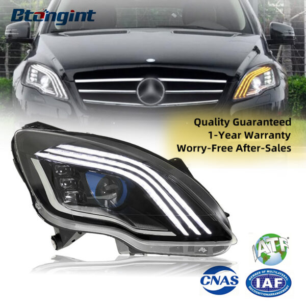 Modified Headlight Assembly for 2010-2017 Mercedes-Benz R-Class W251, Equipped with LED Lenses, LED Daytime Running Lights & Triple-Strip Sequential Turn Signals
