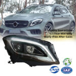 High-spec upgraded headlight assembly with LED daytime running lights, turn signals and projector lenses, compatible with Mercedes-Benz GLA 2015-2019