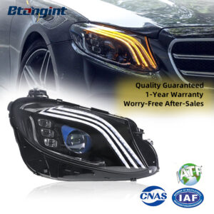 Compatible with 2016-2020 Mercedes-Benz E-Class W213, Maybach-style modified headlight assembly with LED daytime running lights and sequential turn signals