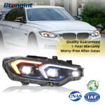 Fits 2013-2018 BMW 3 Series F30, Headlight Assembly with LED Blue Trim Lens, DRL & Sequential Turn Signal