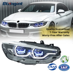 Fits 2013-2020 BMW 4 Series F32, M4 Style Headlight Assembly with Blue Trim, LED Projector Lens, DRL & Turn Signal