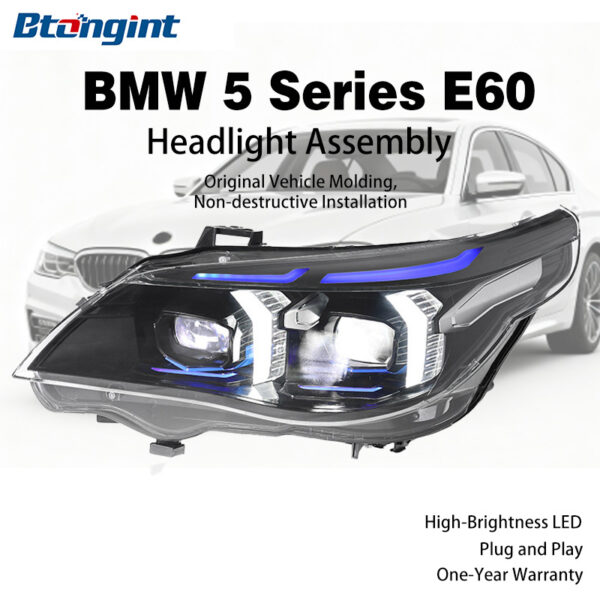 Fits 2003-2010 BMW 5 Series E60, upgraded fangs-style headlight assembly with LED dual-color daytime running lights and lens.