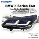 Fits 2003-2010 BMW 5 Series E60, upgraded to dual-L style headlight assembly equipped with LED daytime running lights, turn signals and projector lenses.