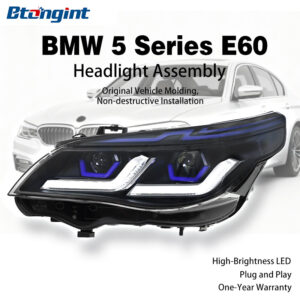 Fits 2003-2010 BMW 5 Series E60, upgraded to dual-L style headlight assembly equipped with LED daytime running lights, turn signals and projector lenses.