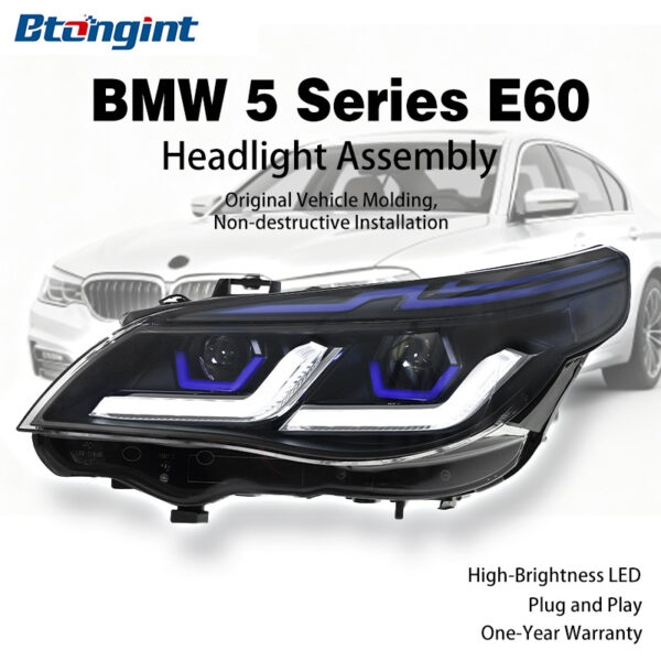 Fits 2003-2010 BMW 5 Series E60, upgraded to dual-L style headlight assembly equipped with LED daytime running lights, turn signals and projector lenses.