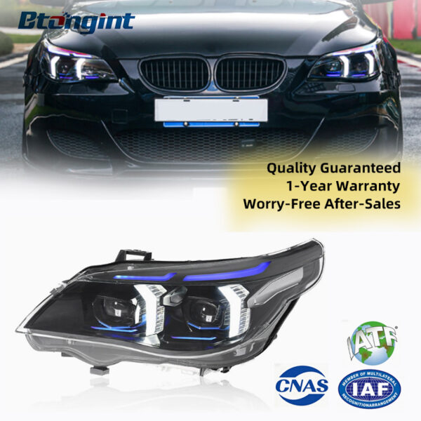 For BMW 5 Series E60 2003-2010 Headlight Assembly Retrofit, Fang Style LED Dual Color DRL Projector Headlamp