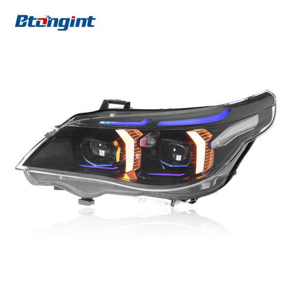 For BMW 5 Series E60 2003-2010 Headlight Assembly Retrofit, Fang Style LED Dual Color DRL Projector Headlamp