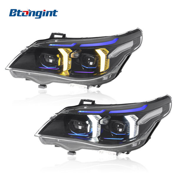 For BMW 5 Series E60 2003-2010 Headlight Assembly Retrofit, Fang Style LED Dual Color DRL Projector Headlamp