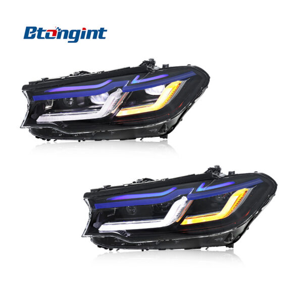 For 2018-2020 BMW 5 Series G30 Headlight Assembly, Upgrade M Competition Blue Eyebrow LED DRL, Turn Signal & Projector Lens