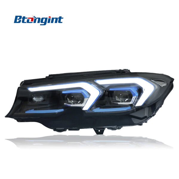For 2020-2022 BMW 3 Series G20 Headlight Assembly, Retrofit Blue Bezel LED Projector DRL & Sequential Turn Signal